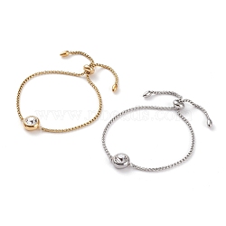 304 Stainless Steel Bolo Bracelets, Slider Bracelets, with Crystal Rhinestone and Box Chains, Flat Round, Golden & Stainless Steel Color, Inner Diameter: 1/2~3 inch(1.2~7.5cm)(BJEW-I291-03)