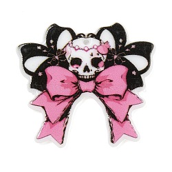 Halloween Theme Printed Acrylic Pendants, Skull with Bowknot Charms, Pink, 34.5x32x2.5mm, Hole: 1.4mm(SACR-M006-04C)