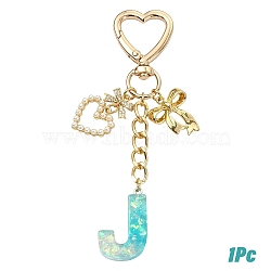 Resin & Brass Micro Pave Cubic Zirconia & Alloy Pendant Decorations, with Aluminium Chain and Alloy Clasps, Letter J, 110mm(HJEW-YW00449-02)