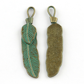 Leaf Zinc Alloy Big Pendants, Cadmium Free & Nickel Free & Lead Free, Antique Bronze & Green Patina, 56x11x2mm, Hole: 4mm