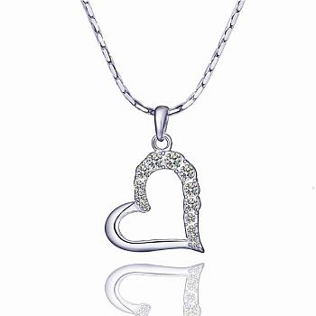 Trendy Real Platinum Plated Eco-Friendly Tin Alloy Czech Rhinestone Heart Pendant Necklaces, 18 inch