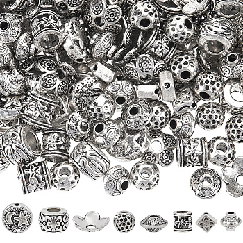 180Pcs 8 Styles Tibetan Style Alloy Spacer Beads, Mixed Shapes, Antique Silver, 6~9.5x3~6mm, Hole: 1~4mm