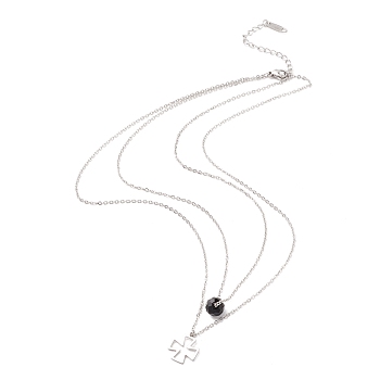 304 Stainless Steel Necklaces, Double Layer Necklaces with Porcelain Glass Bead & Cross Pendant, Platinum, 38.3cm