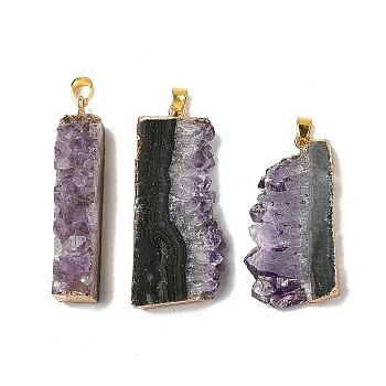 Raw Rough Natural Amethyst Pendants, Rectangle Charms with Golden Tone Findings, 38~45x15~20x8~9mm, Hole: 4x3mm