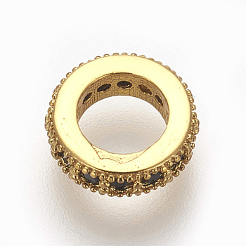 Brass Micro Pave Cubic Zirconia Beads, Lead Free & Cadmium Free, Flat Round, Black, Golden, 8x2mm, Hole: 4.5mm