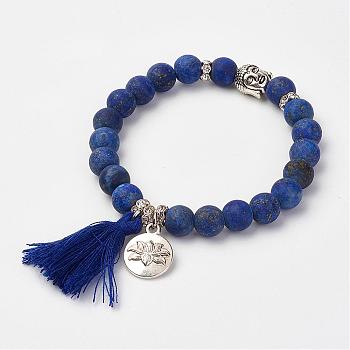 Natural Lapis Lazuli(Dyed & Heated) Beads Stretch Bracelets, with Brass & Alloy Findings & Tassel Pendants, Frosted, Round & Buddha Head, Burlap Packing, 2-1/8 inch(53mm)