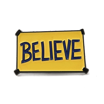 Word Believe Zinc Alloy Brooches, Enamel Pins, Black, Yellow, 18.5x30.5x1.5mm