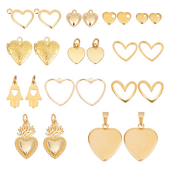 PandaHall Elite Pendant Jewelry Making Finding Kit, Including Brass & 201 & 304 Stainless Steel Pendants, Sacred Heart & Hamsa Hand, Golden, 5~22x7~20x1~2.5mm, Hole: 1~4mm, 24Pcs/box