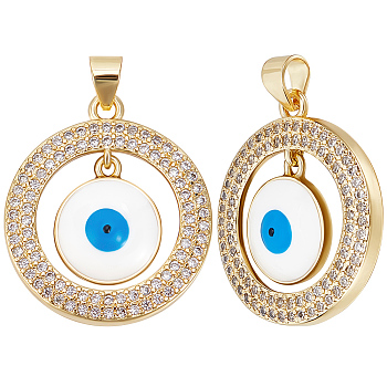 5Pcs Eco-friendly Brass Micro Pave Cubic Zirconia Pendants, with Enamel, Long-Lasting Plated, Real 18K Gold Plated, Evil Eye Charm, White, 23.5x21x3mm, Hole: 4.5x3.5mm