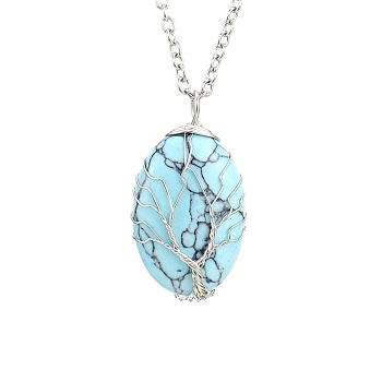 Synthetic Turquoise Oval Pendant Necklace with Platinum Alloy Chains, 20.87 inch(53cm)