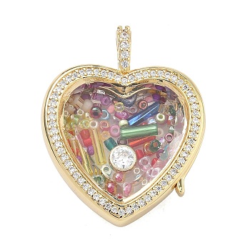Brass Micro Pave Clear Cubic Zirconia Pendants, Heart Charms, Lead Free & Cadmium Free, Long-Lasting Plated, Rack Plating, Real 18K Gold Plated, Colorful, 34x27x12mm, Hole: 5x4mm