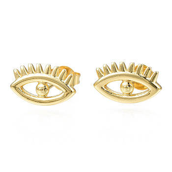 Brass Evil Eye Stud Earrings for Women, Nickel Free, Real 18K Gold Plated, 7x11.5mm, Pin: 0.8mm