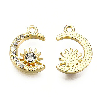 Rack Plating Alloy Charms, with Crystal Rhinestone, Cadmium Free & Nickel Free & Lead Free, Moon with Sun, Light Gold, 19x13x3.5mm, Hole: 1.8mm