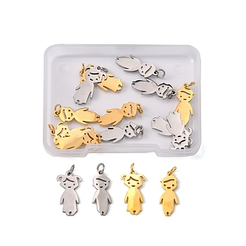 Unicraftale 16Pcs 4 Style 201 Stainless Steel Pendants, with Jump Ring, Laser Cut, Girl & Boy, Golden & Stainless Steel Color, 20x8~10.5x1.5mm, Hole: 2.4mm, 4pcs/style