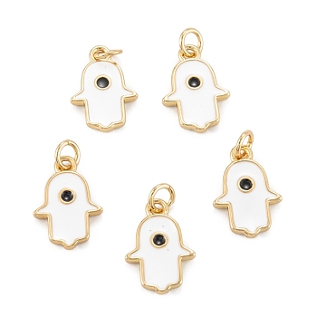 Brass Enamel Pendants, Long-Lasting Plated, Real 18K Gold Plated, Hamsa Hand, White, 13x9x1.5mm, Hole: 2.8mm
