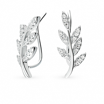 Leaf Sterling Silver Dangle Earrings, with Cubic Zirconia, Silver, 19x8mm