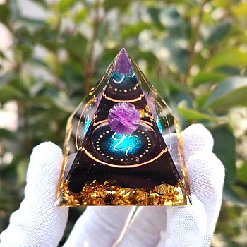 Orgonite Pyramid Resin Energy Generators, Reiki Natural Amethyst Inside for Home Office Desk Decoration, Capricorn, 60x60x60mm