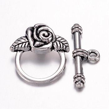Tibetan Style Rose Toggle Clasps for Valentine's Jewelry Making, Lead Free & Cadmium Free & Nickel Free, Antique Silver, Size: Flower: 18mm wide, 19mm long, Bar: 4mm wide, 24mm long, hole: 2mm