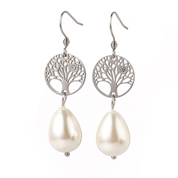 Natural Teardrop Shell Pearl Beads Dangle Earrings, with 316 Surgical Stainless Steel Cubic Zirconia Findings and 304 Stainless Steel Earring Hooks, with Packing Box, Stainless Steel Color, 52mm, Pin: 0.6mm