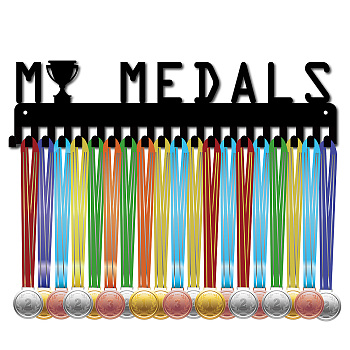 Iron Medal Holder Frame, Medals Display Hanger Rack, 20 Hooks, with Screws, Rectangle with Trophy, Electrophoresis Black, 103x400mm