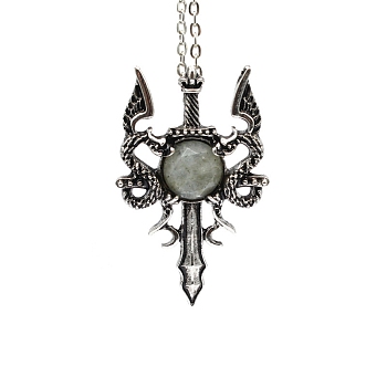 Natural Labradorite Dragon Sword Pendant Necklace, Gothic Alloy Jewelry for Men Women, Antique Silver & Platinum, 19.69 inch(50cm)