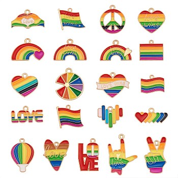 42Pcs Rainbow Flag Charm Pendant Enamel Flag Heart Love Balloon Charm Alloy Enamel Pendant for Jewelry Necklace Earring Making Crafts, Golden, 24x14.8mm