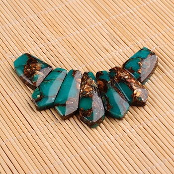 Assembled Dyed Synthetic Imperial Jasper and Bronzite Pendants, Graduated Fan, Faceted, Teal, 20~45x15~26x6~7mm, Hole: 2mm, 7pcs/set