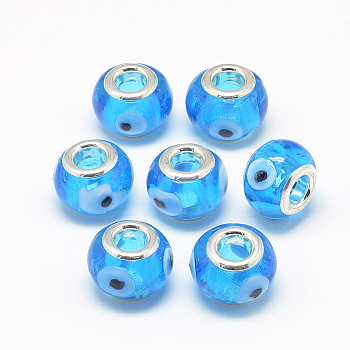 Handmade Evil Eye Lampwork European Beads, with Brass Double Cores, Large Hole Beads, Rondelle, Platinum, Deep Sky Blue, 14~15x10~11mm, Hole: 5mm