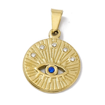 Vacuum Plating 304 Stainless Steel Pendants, with Rhinestone, Flat Round with Horse Eye, Golden, 22x18.5x2mm, Hole: 6.5x3mm