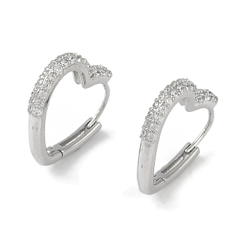 Clear Cubic Zirconia Heart Hoop Earrings, Brass Jewelry for Women, Real Platinum Plated, 18x2.5mm