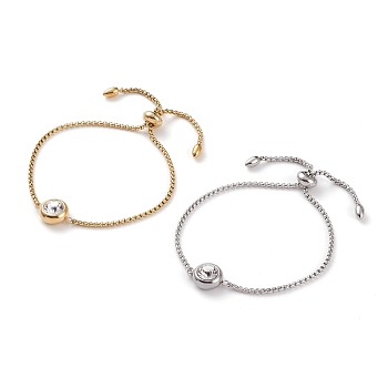 304 Stainless Steel Bolo Bracelets, Slider Bracelets, with Crystal Rhinestone and Box Chains, Flat Round, Golden & Stainless Steel Color, Inner Diameter: 1/2~3 inch(1.2~7.5cm)