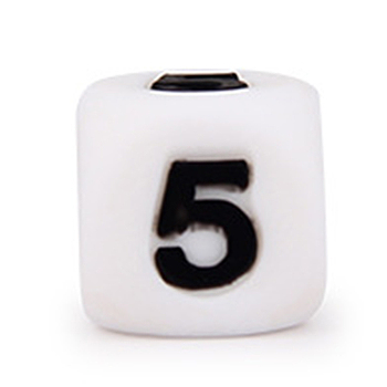 Silicone Beads, for Bracelet or Necklace Making, Black Arabic Numerals Style, White Cube, Num.5, 10x10x10mm, Hole: 2mm