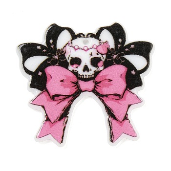 Halloween Theme Printed Acrylic Pendants, Skull with Bowknot Charms, Pink, 34.5x32x2.5mm, Hole: 1.4mm