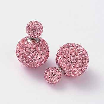 Double Austrian Crystal Ball Ear Studs, with 925 Sterling Silver Pins and Brass Findings, 223_Light Rose, 6~12mm, Pin: 0.7mm