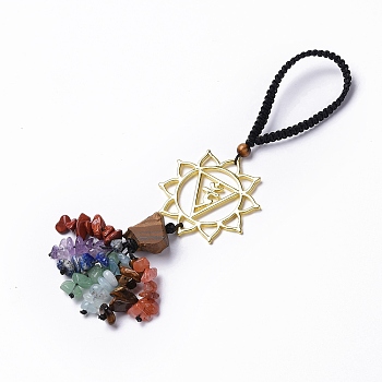 Natural Raw Tiger Eye & Mixed Stone Chips Tassel Pendant Decorations, Chakra Theme Alloy Charms Hanging Ornament, Manipura, 170mm, Link: 44x2mm