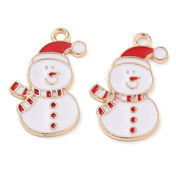 Christmas Theme Barrel Plating Alloy Enamel Pendants, Cadmium Free & Lead Free, Light Gold, Snowman, 23x15x1.5mm, Hole: 1.6mm