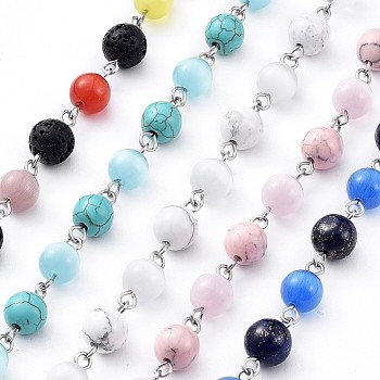 Handmade Natural & Synthetic Mixed Gemstone Beaded Chains, Unwelded, with Cat Eye Beads and 304 Stainless Steel Eye Pin, Round, Stainless Steel Color, 15x8mm, 39.37 inch(1m)/strand