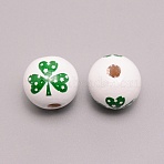 Wooden Beads, Printed, Clover, Green, 16mm, Hole: 4mm(WOOD-WH0015-88)