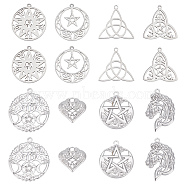 DIY 16Pcs 8 Style Rack Plating 304 Stainless Steel Pendants, Flat Round with Star & Horse & Trinity Knot, Stainless Steel Color, 19~33.5x20.5~31.5x1.5~2.5mm, Hole: 1.4~2mm, 2pcs/style(STAS-SC0004-81)