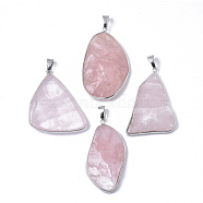 Natural Rose Quartz Pendants, with Platinum Tone Brass Edge and Iron Snap on Bails, Nuggets, 36~65x23~43x5~13mm, Hole: 5x9mm(G-R461-17E)