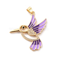 Brass Micro Pave Clear Cubic Zirconia Pendants, with Enamel, Long-Lasting Plated, Real 18K Gold Plated, Bird, Lilac, 33.5x31x2mm, Hole: 3x4mm(ZIRC-Z018-09G-B)
