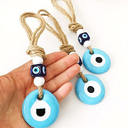 Flat Round with Evil Eye Glass Pendant Decorations, Hemp Rope Hanging Ornament, Light Sky Blue, 180x40mm(EVIL-PW0002-09A-02)