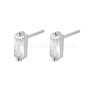 Cubic Zirconia Rectangle Stud Earrings, Silver 925 Sterling Silver Post Earrings, with 925 Stamp, Clear, 7.8x3mm(FU7889-2)