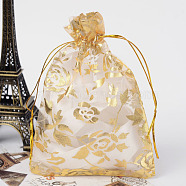 Rose Printed Organza Bags, Gift Bags, Rectangle, Goldenrod, 14~15x10cm(OP-R021-10x15-04)