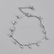 Brass Charm Anklets, with Bar Link Chains, Rhinestone and Bell Charms, Platinum, 8-1/2 inch(21.7cm)(AJEW-B005-16P)