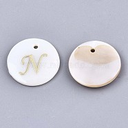 Natural Freshwater Shell Pendants, with Golden Plated Brass Etched Metal Embellishments, Flat Round with Letter, Letter.N, 15x2mm, Hole: 1.2mm(X-SHEL-N027-04N)