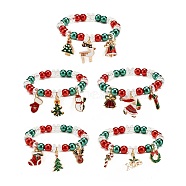 Acrylic Pearl Beaded Stretch Bracelet with Alloy Enamel Charms, Christmas Theme Jewelry for Women, Mixed Patterns, Inner Diameter: 2-1/8 inch(5.5cm)(BJEW-JB08292)