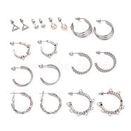 Ring & Triangle & Round Stud Earrings, Resin Pearl Beads Half Hoop Earrings, Open Hoop Earrings for Women, Platinum, 6~36x3~12mm, Pin: 0.8~0.9mm, 9 pairs/set(EJEW-D227-04P)