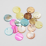 Dyed Natural Flat Round Shell Pendant, Mixed Color, 15x2mm, Hole: 1.5mm(SHEL-P003-04)