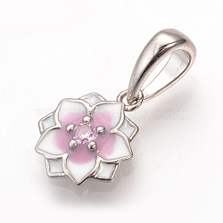 Brass Enamel Charms, with Pave Cubic Zirconia, Flower, Platinum, 15x12x3mm, Hole: 4.5~8mm(ZIRC-T002-16P)